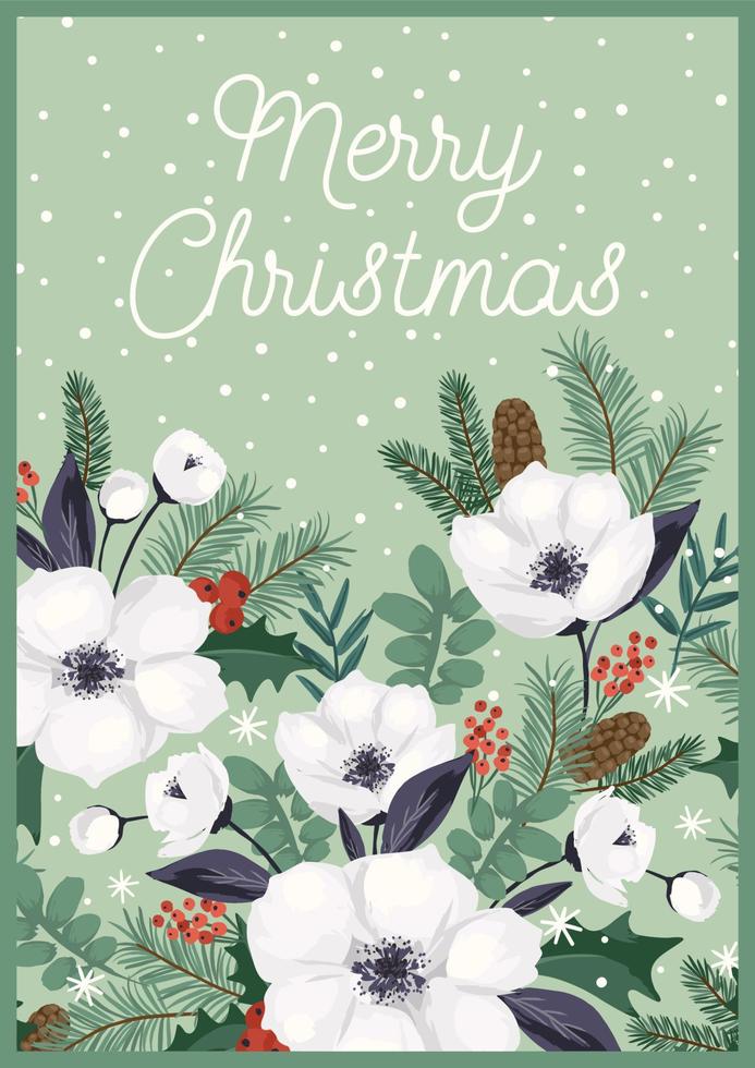 Christmas and Happy New Year illustration with white Christmas tree and flowers. Trendy retro style. Vector design template.