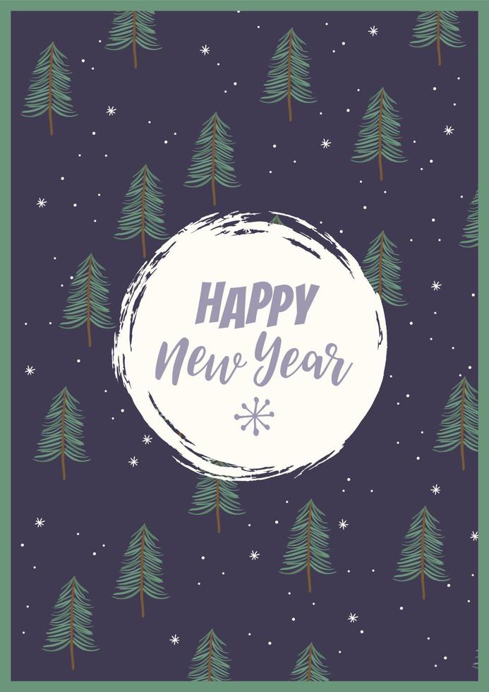 Christmas and Happy New Year illustration with with forest firs. Trendy retro style. Vector design template.