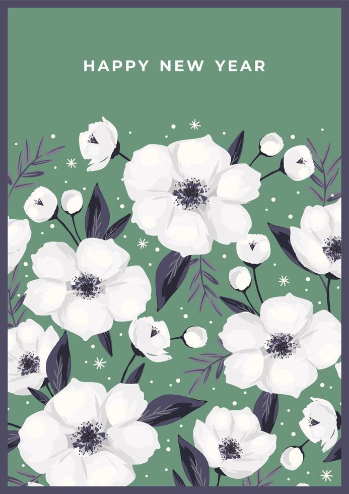 Christmas and Happy New Year illustration with white Christmas flowers. Trendy retro style. Vector design template.