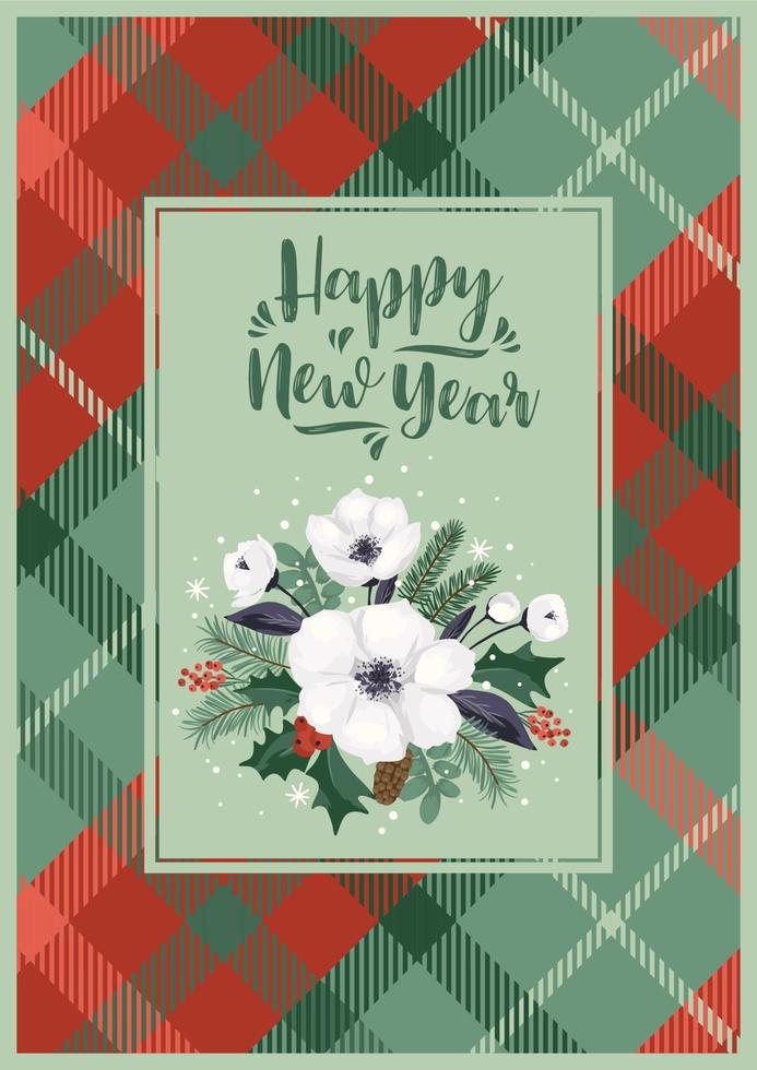 Christmas and Happy New Year illustration with Christmas tree and white flowers. Vector design template.