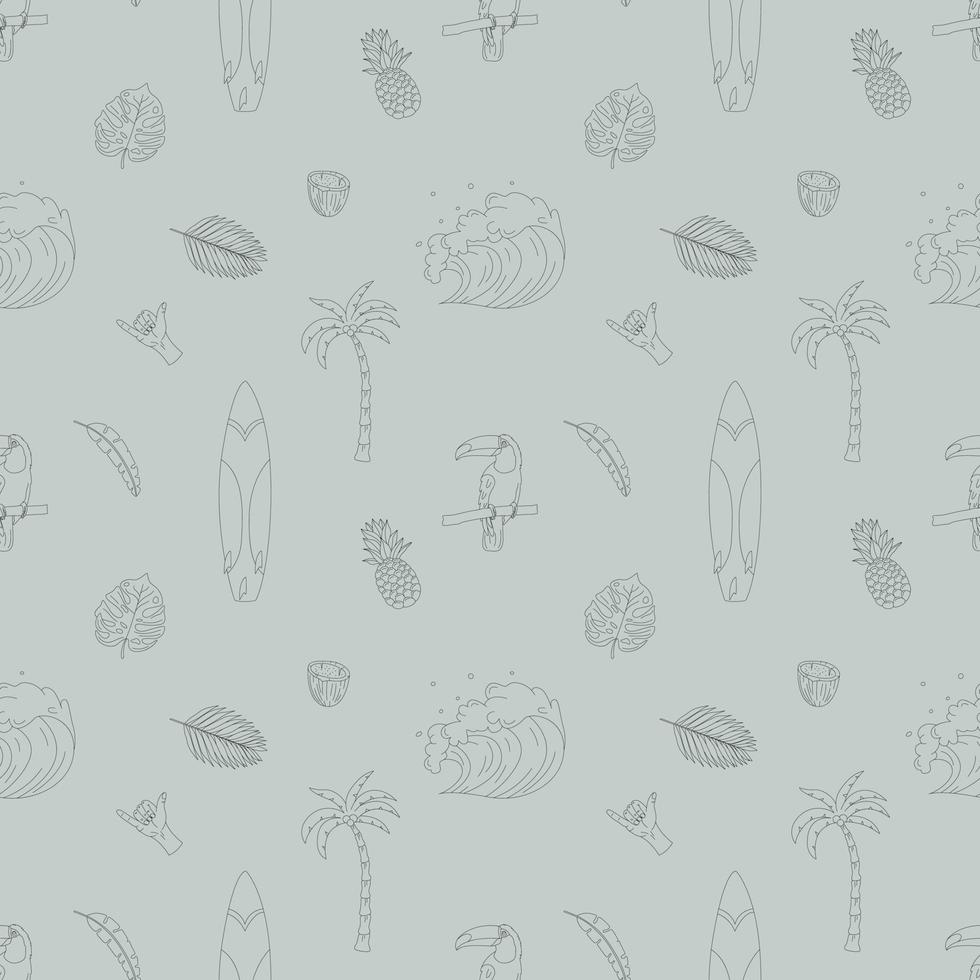 Seamless Pattern With Hand Drawn Elements With A Surf Theme. Wave, Surf, Palm Trees And More. vector