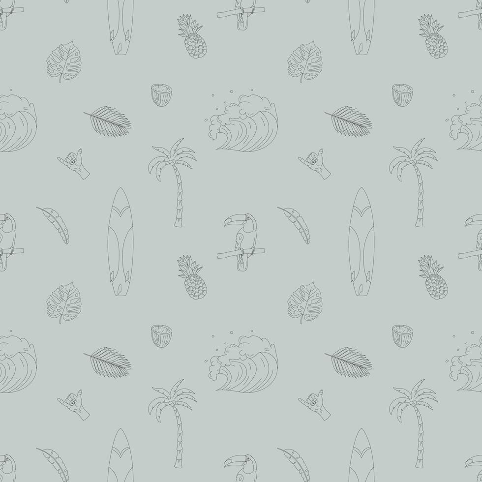 Seamless Pattern With Hand Drawn Elements With A Surf Theme. Wave, Surf, Palm Trees And More. vector