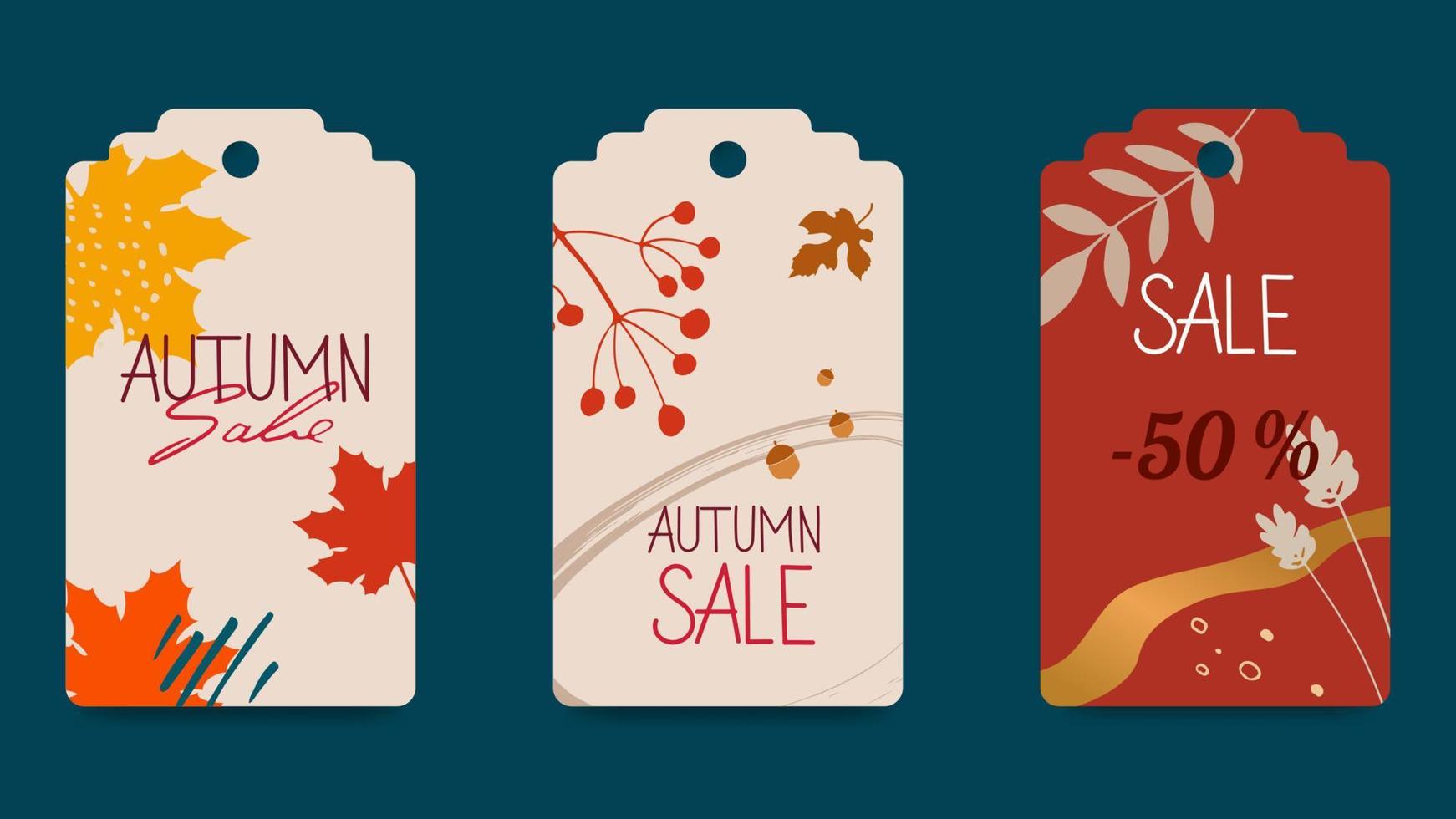 Set of abstract autumn gift tags. Leaves, berries shapes, strokes, individual elements. Seasonal label templates for printing. For Thanksgiving, birthday, Christmas gifts. Vector images