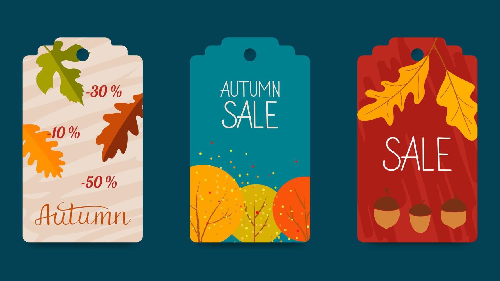 Set of abstract autumn gift tags. Leaves, berries, trees, shapes, strokes, individual elements. Seasonal label templates for printing. For Thanksgiving, birthday, Christmas gifts. Vector images