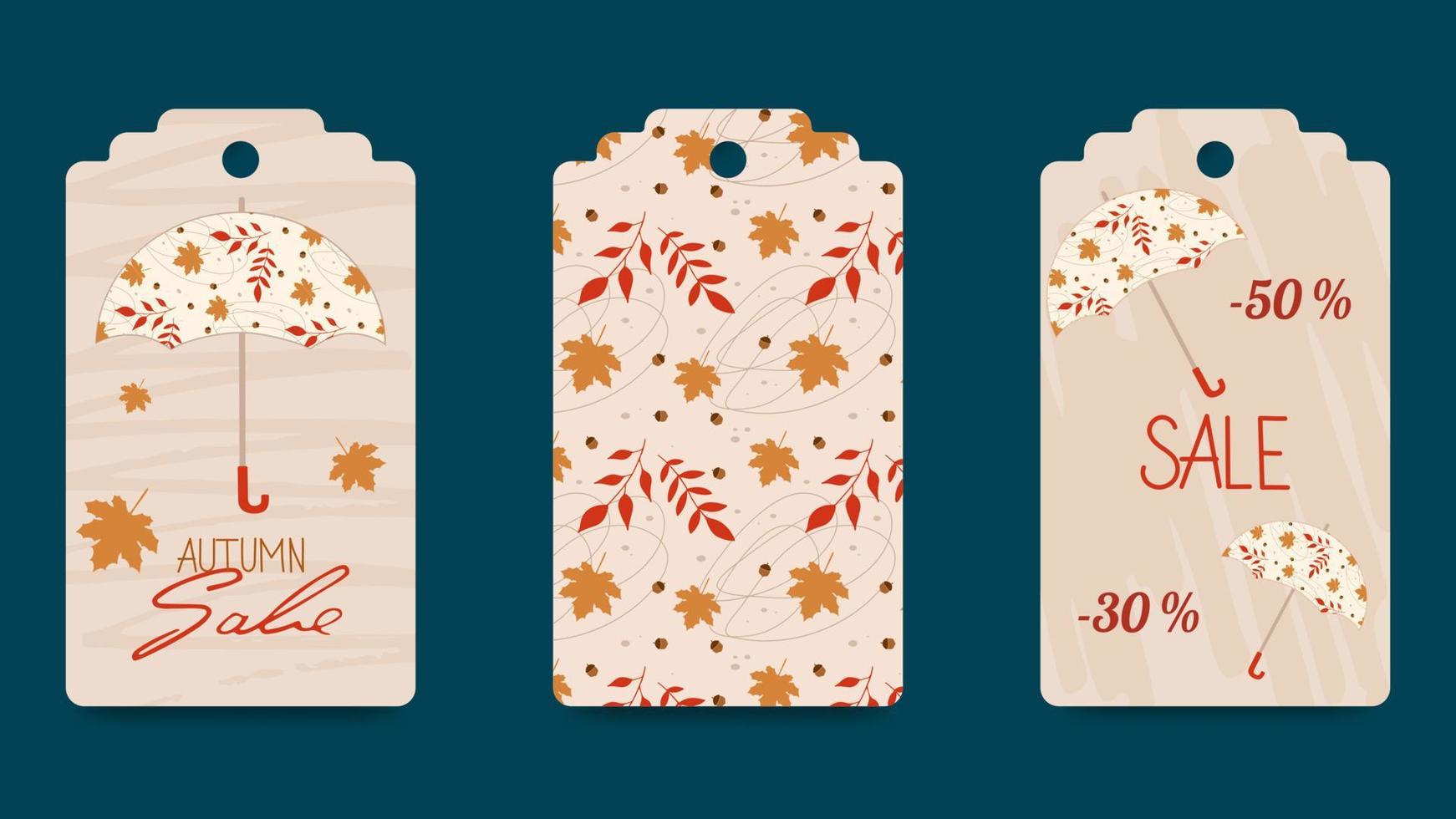 Set of abstract autumn gift tags. Umbrellas, leaves, strokes, isolated elements. Seasonal label templates for printing. For Thanksgiving, birthday, Christmas gifts. Vector images