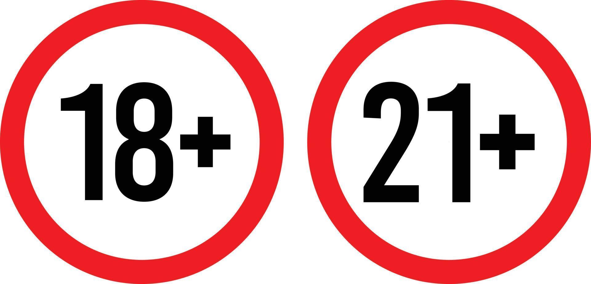 18 Plus, 18 Years and Over. 21 Plus, 21 Years and Over Sign vector