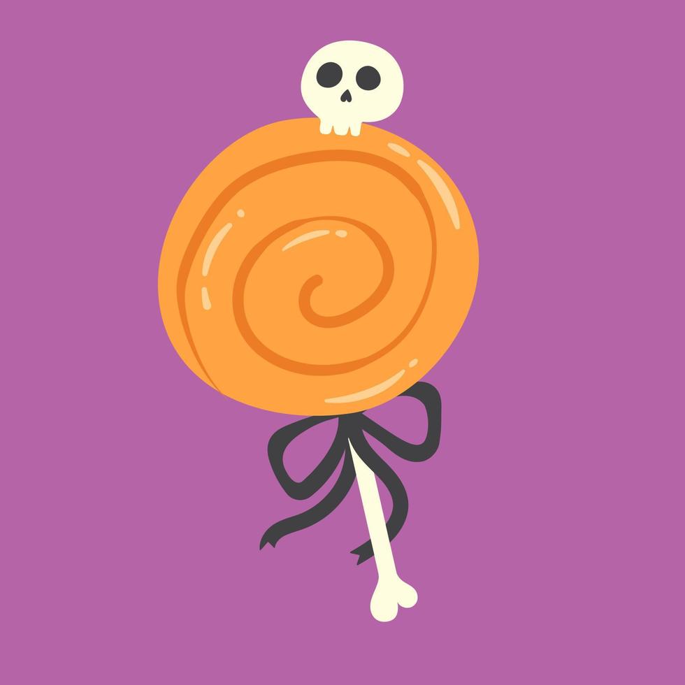 Sweet Halloween candy for trick or treat. Orange lollipop in scary decorated with a black ribbon and a skull. Vector isolated illustration