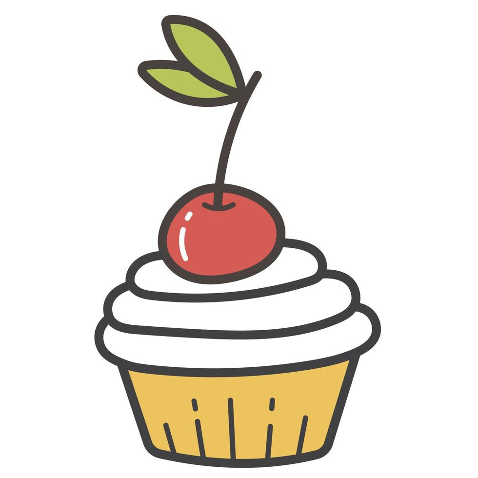 Muffin with cherries and vanilla cream. Berry dessert in a basket. Vector isolated image in doodle style on a white background.