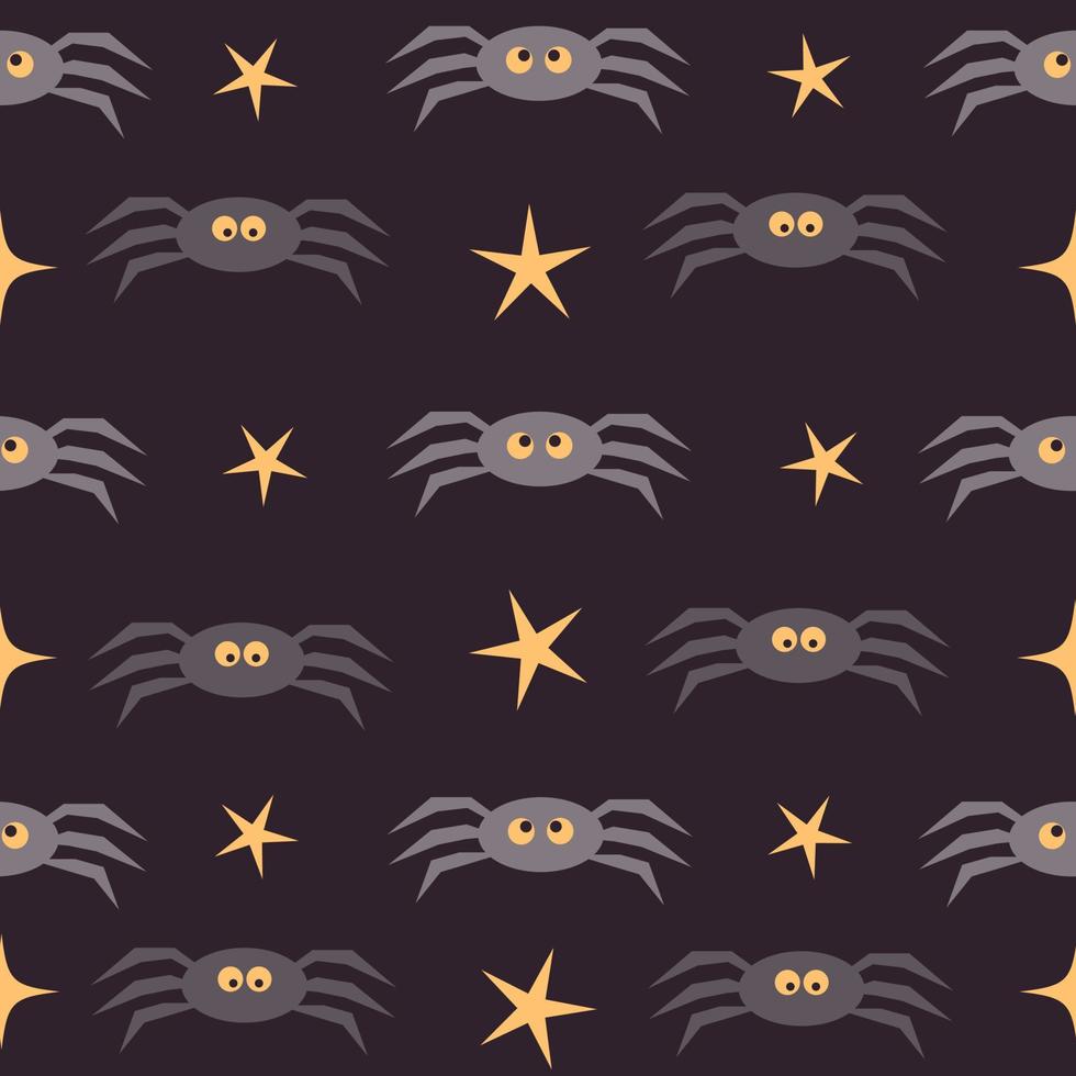 Halloween seamless pattern background. Funny spiders and stars isolated on purple for design halloween invitations, cards, menu. Vector cartoon illustration