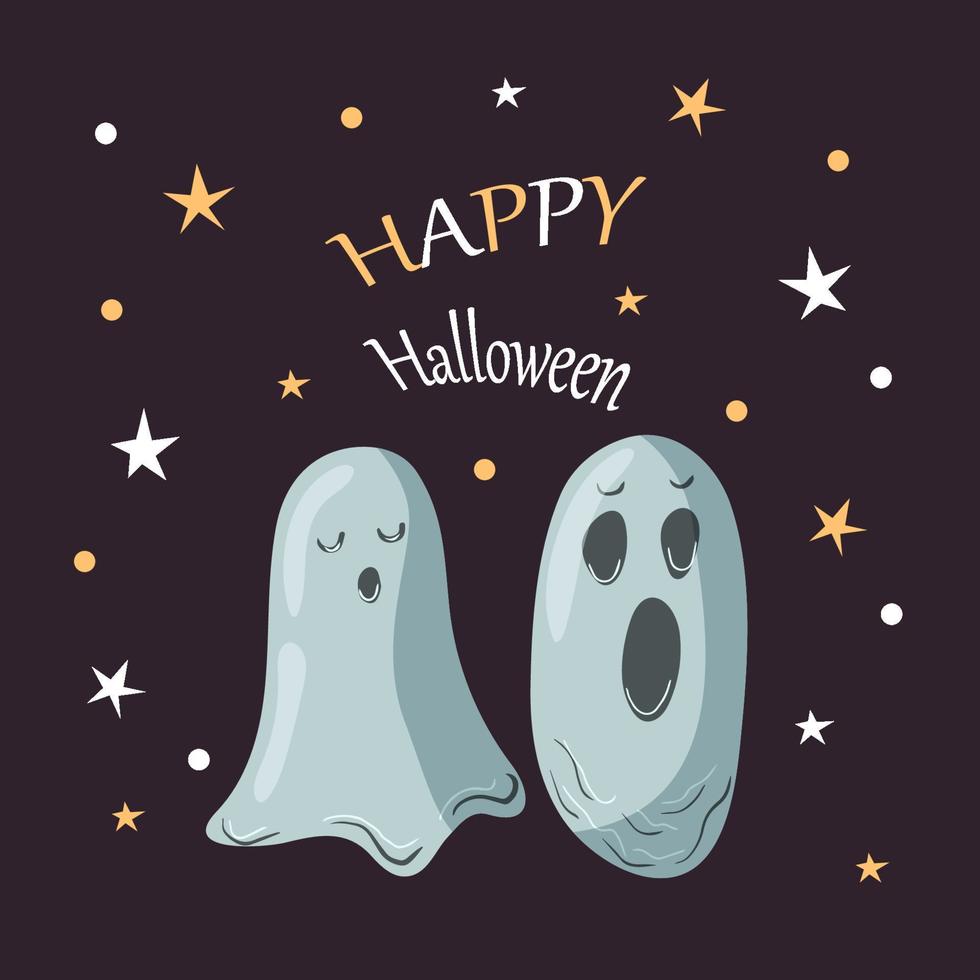 plantilla de tarjeta de fiesta de halloween. fantasmas de helloween abstractos sobre fondo estrellado púrpura para el diseño de tarjetas de felicitación, invitación a la fiesta, menú, camiseta. ilustración vectorial vector