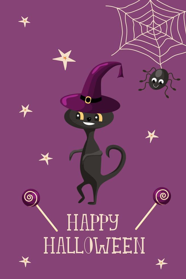 plantilla de tarjeta de felicitación de halloween con gato negro en sombrero de bruja, araña linda, telaraña y piruleta. ilustración vectorial de dibujos animados modernos para el diseño de fiestas de Halloween, folletos, menús, impresiones, etc. vector