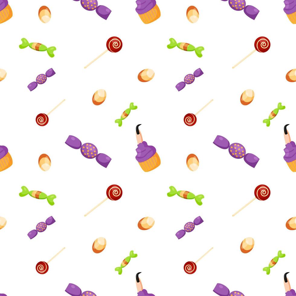 Halloween cartoon sweets seamless pattern. Modern design for textile, fabric, festive wrapping paper, prints, wallpaper etc. Flat vector texture isolated on white background