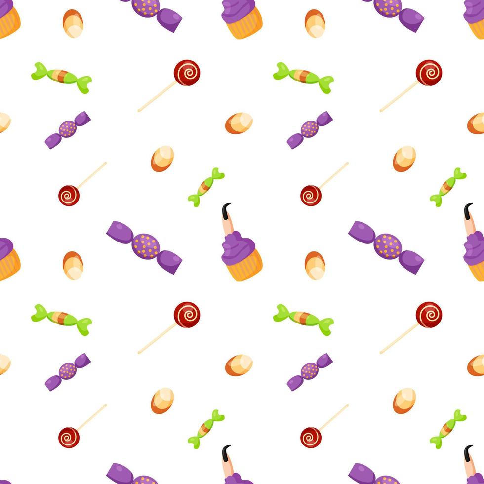 Halloween cartoon sweets seamless pattern. Modern design for textile, fabric, festive wrapping paper, prints, wallpaper etc. Flat vector texture isolated on white background