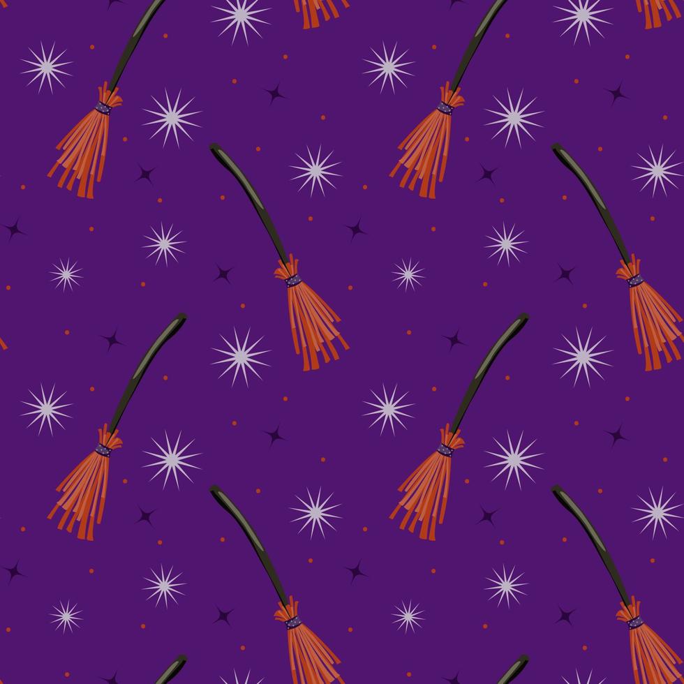 Cute magic broomstick and stars seamless pattern background. Halloween endless texture for festive design banner, wrapping paper, fabric print, decoration. Vector cartoon illustration