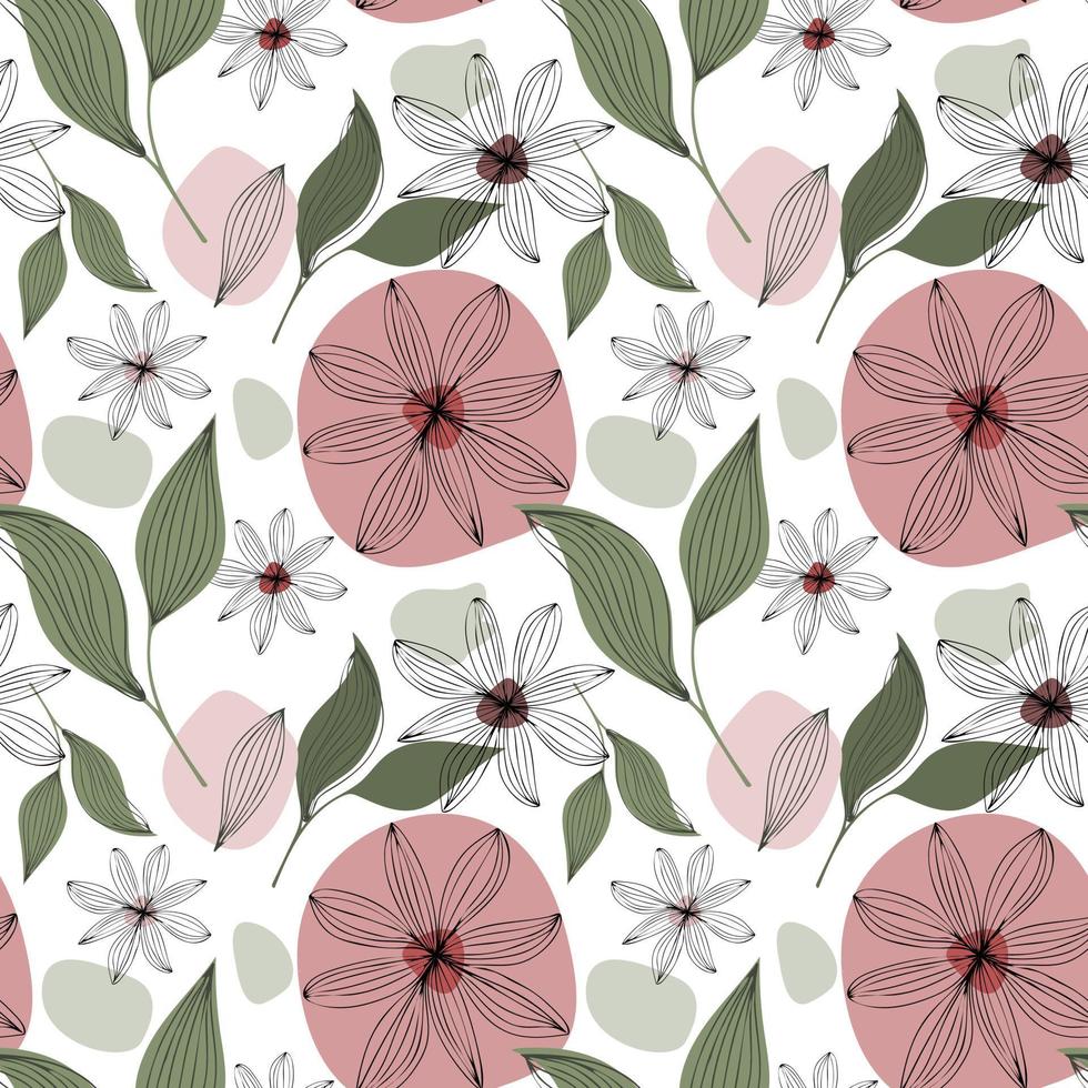 Floral boho seamless pattern with abstract flowers and leaves. Repeat ornament for textile, fabric print, wrapping paper, wallpaper etc. Vector illustration isolated on white background