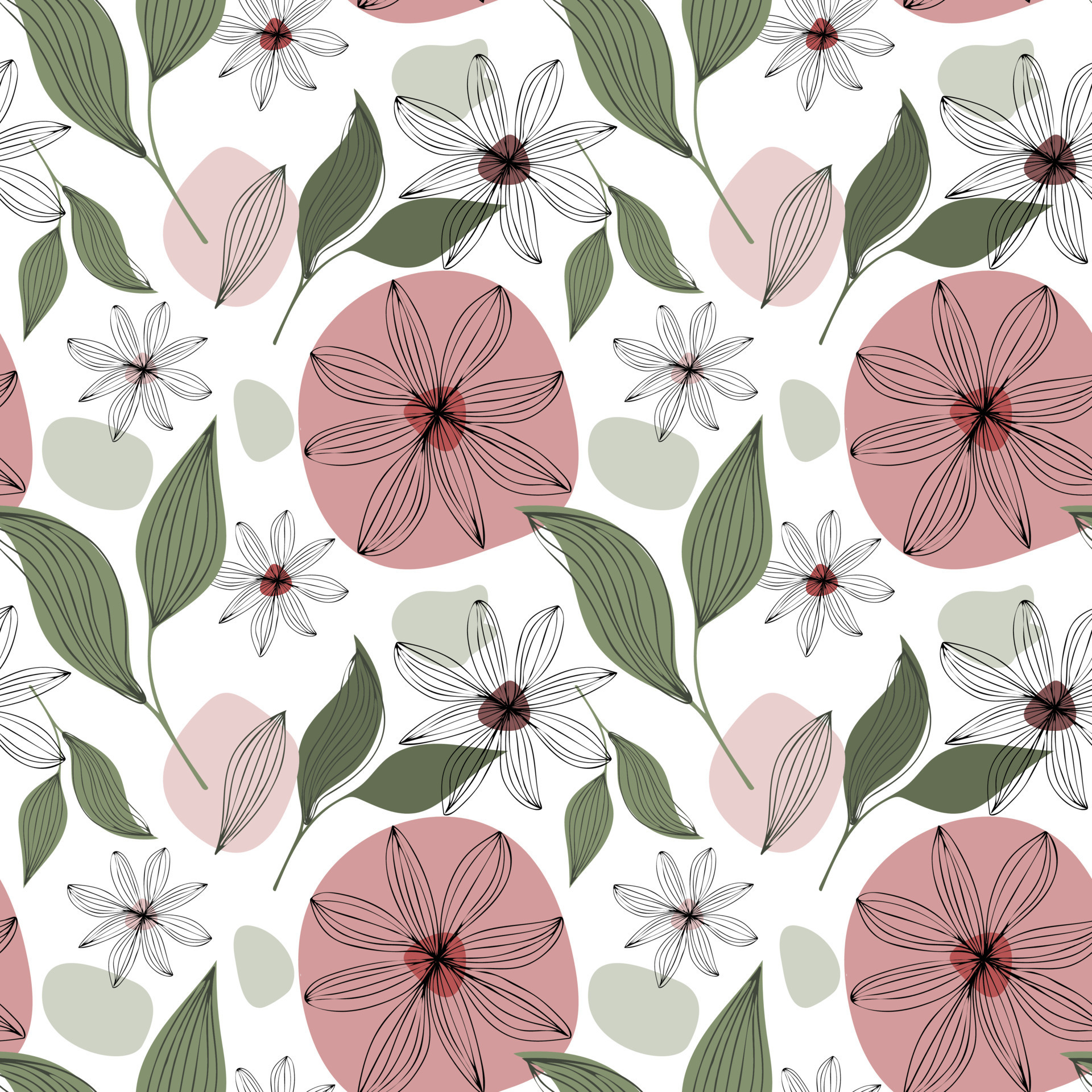 Floral boho seamless pattern with abstract flowers and leaves. Repeat ornament for textile