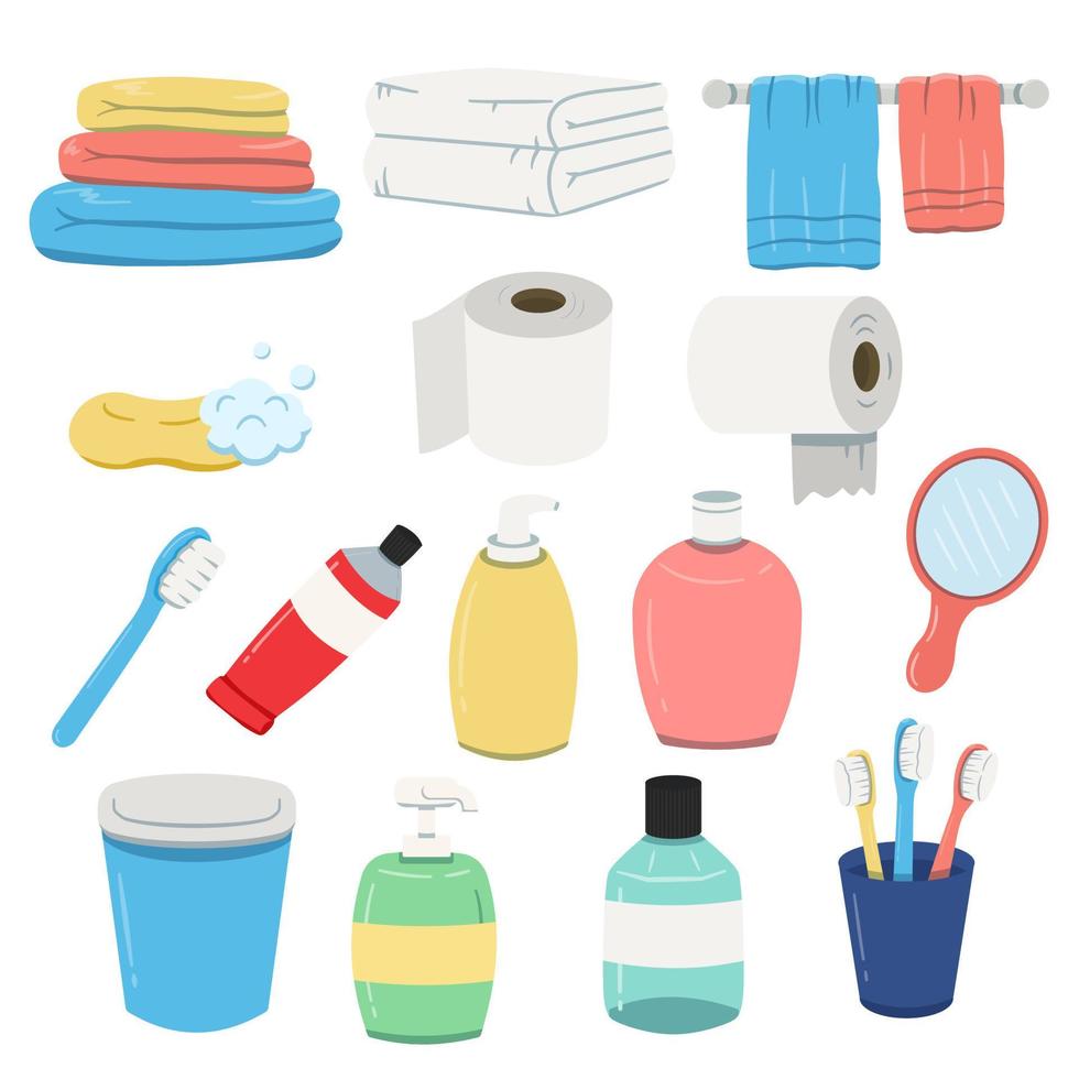 conjunto de dibujos animados de elementos de baño. accesorios de equipo de baño de dibujos animados de ilustración vectorial. vector