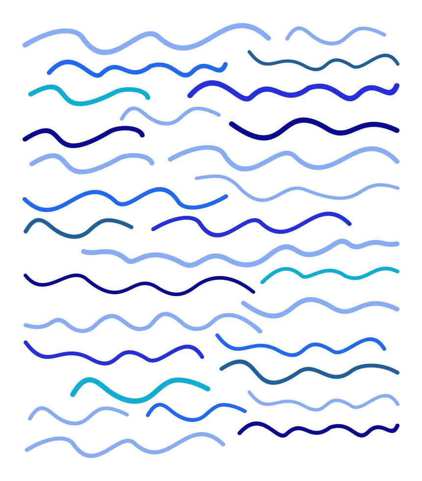 Vector set of blue waves. Curved lines of various shapes.