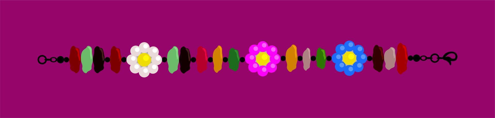 Decorative bracelet with colorful stones and camomiles on purple background. vector