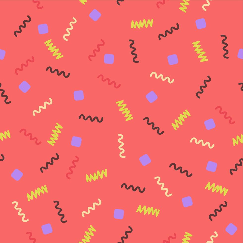 Vector seamless abstract pattern with colorful decorative geometric elements on bright pink background.