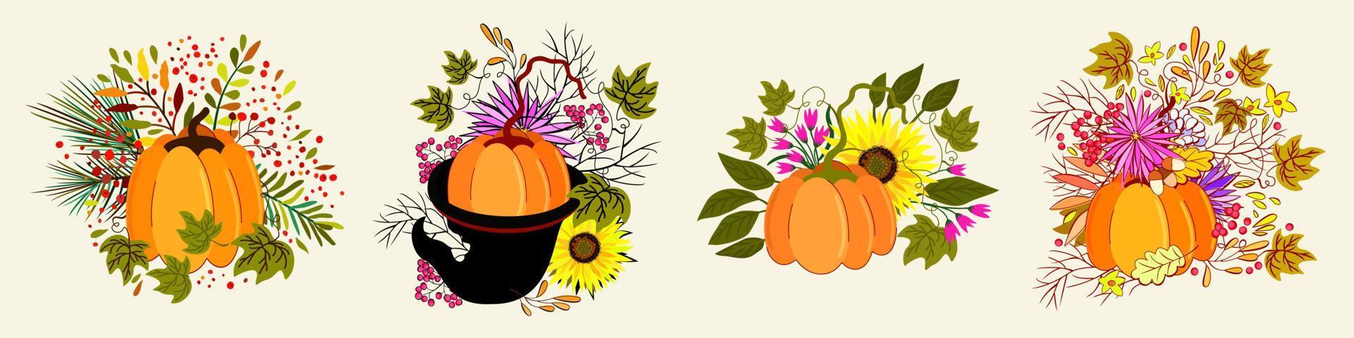 Vector set of four autumn bouquets with pumpkin, leaves, acorns, sunflowers, conifer and berries.