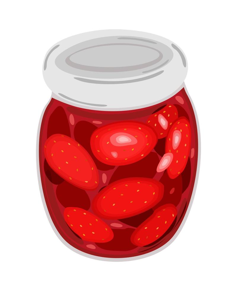 Strawberry jam in a glass jar. Vector isolated illustration.