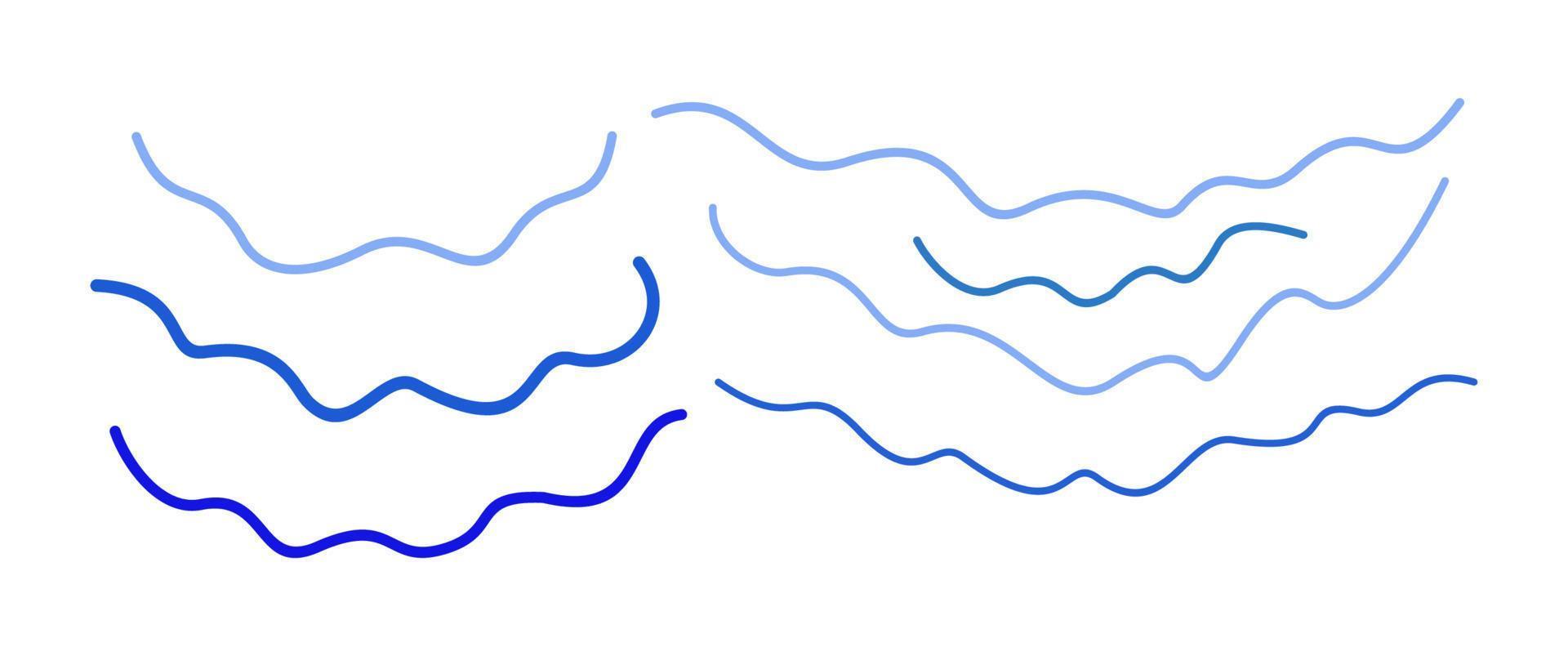 Vector set of blue waves. Curved lines of various shapes.