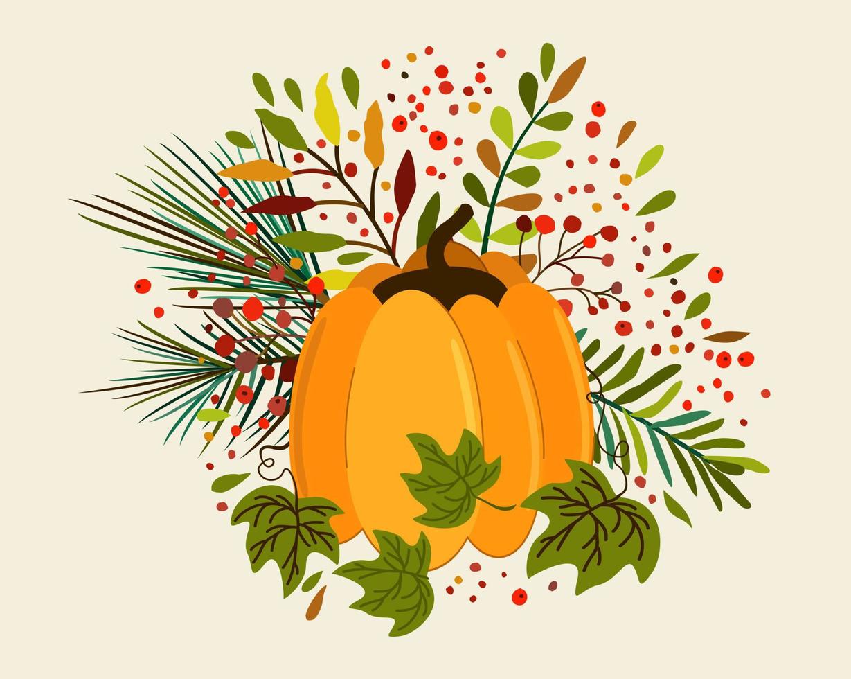 ramo de otoño aislado vectorial con calabaza, hojas, coníferas y bayas. vector