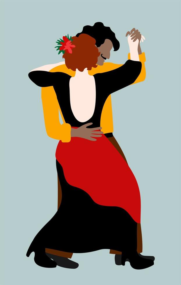 Couple dancing tango. Man and woman in bright clothes in elegant tango posture. vector