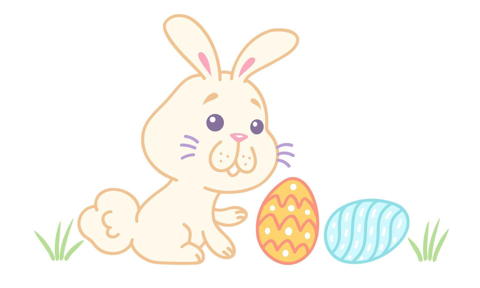 Vector illustration of a rabbit with eggs for Easter in kawaii style.