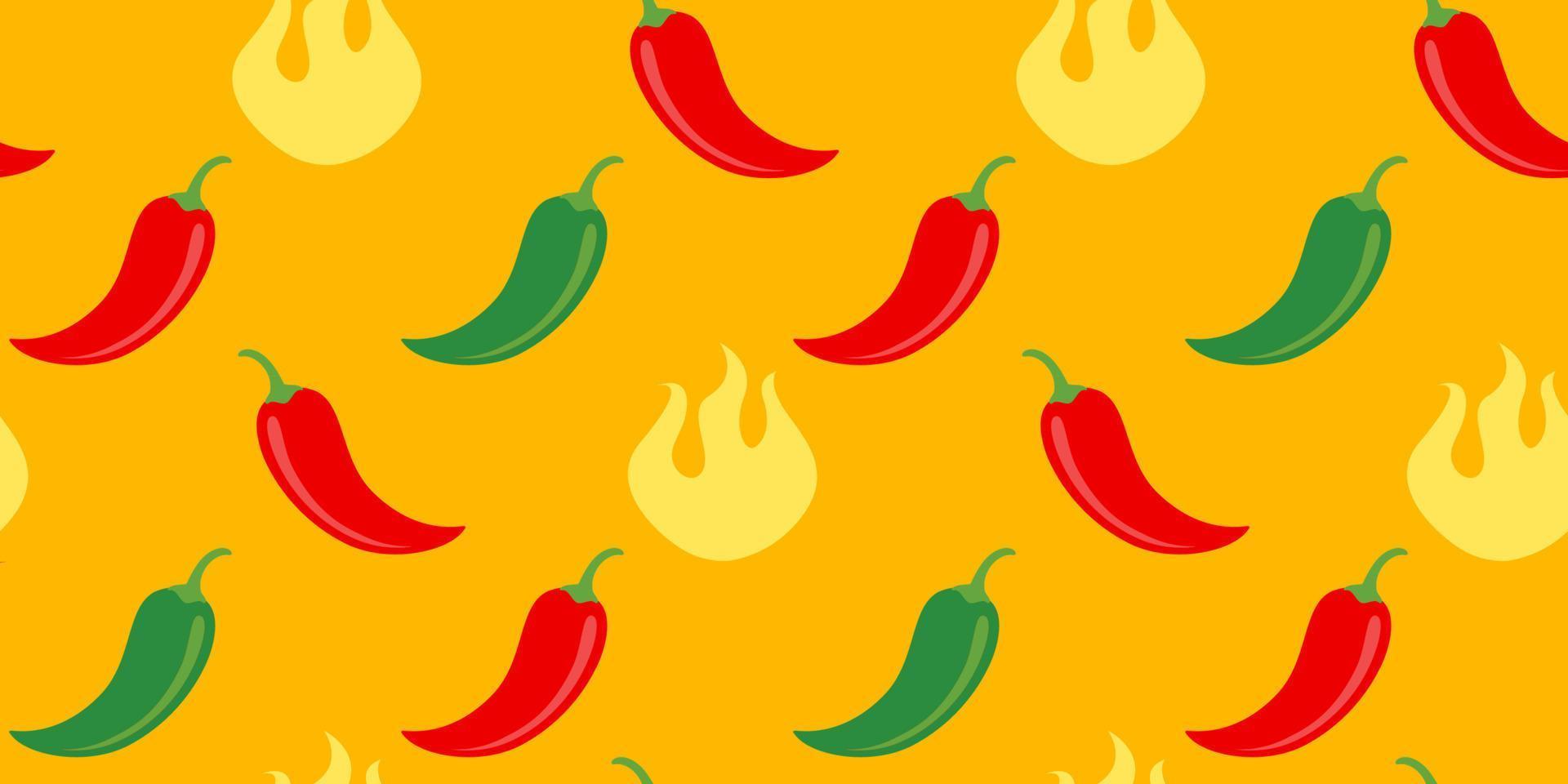Vector seamless pattern of chilli pepper with fire.