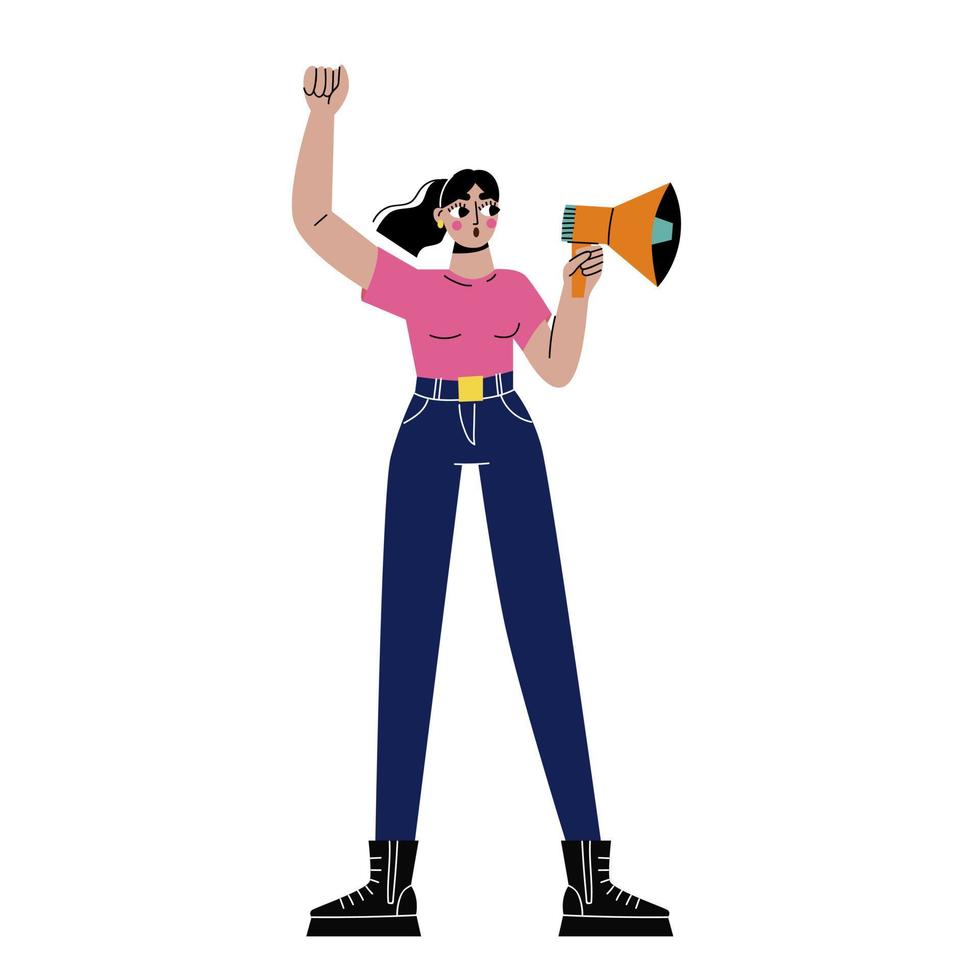 Young woman with raised hand shouting through loudspeake. The girl is an activist. Vector illustration