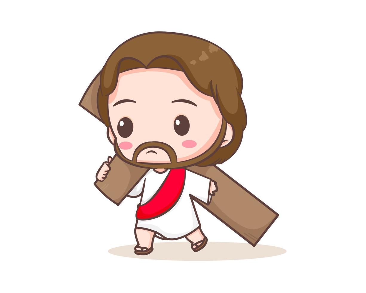Jesus Christ carrying cross cartoon character. Cute mascot illustration. Isolated white background. Biblical story Religion and faith. vector