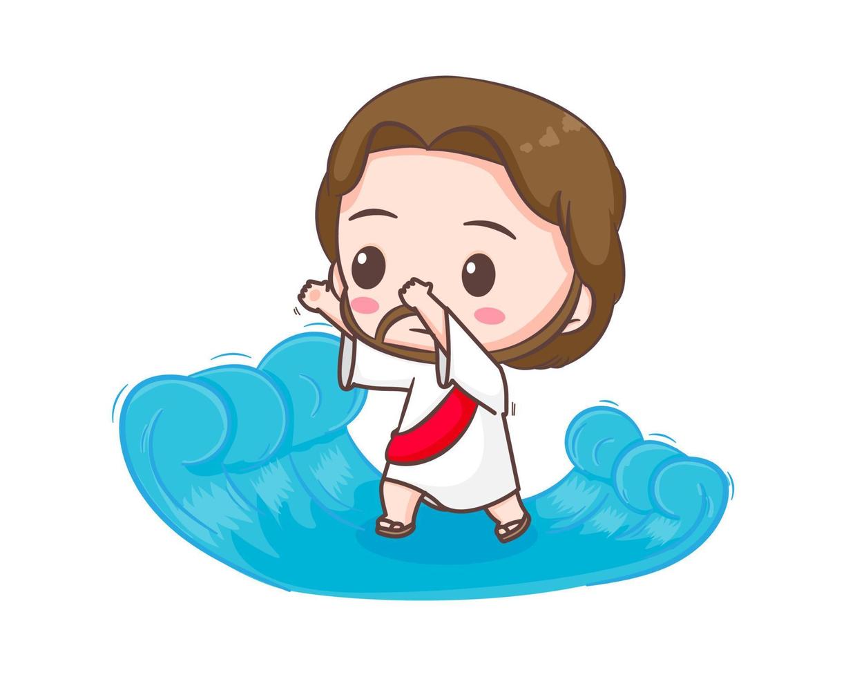 Jesus Christ walking on the water cartoon character. Cute mascot illustration. Isolated white background. Biblical story Religion and faith. vector
