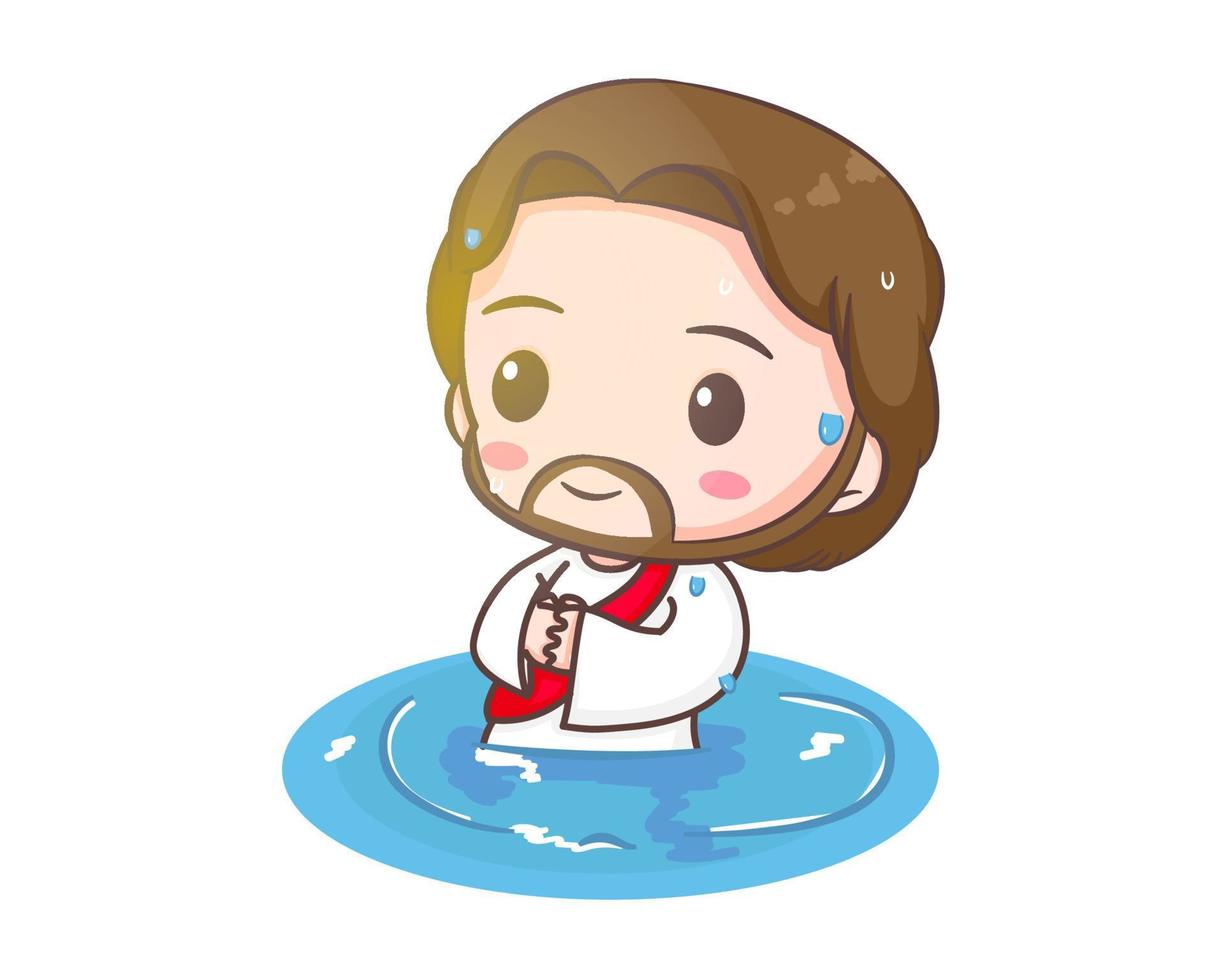 Jesus Christ baptized cartoon character. Cute mascot illustration. Isolated white background. Biblical story Religion and faith. vector