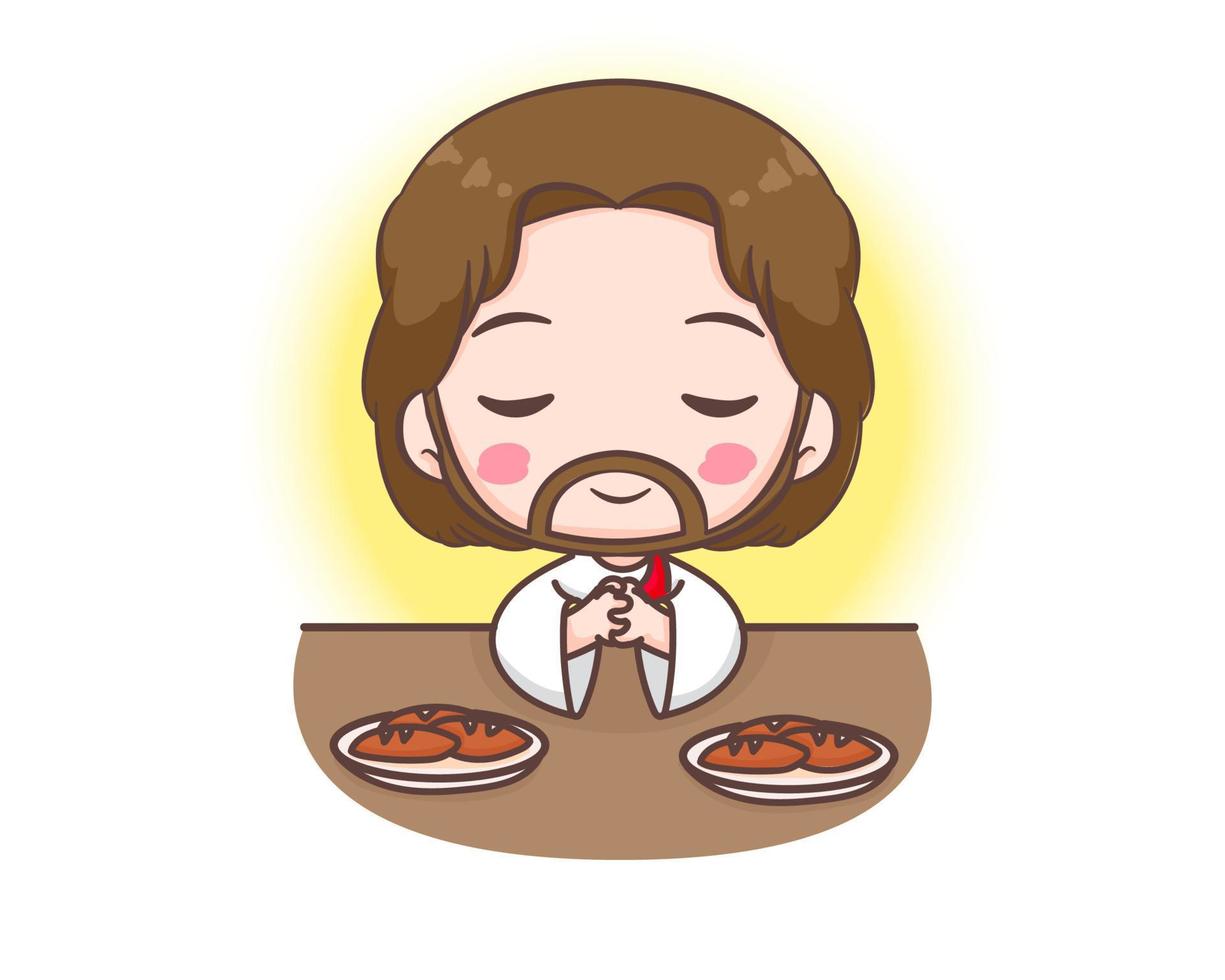 Jesus Christ prays to eat cartoon character. Jesus bless the bread Cute mascot illustration. Isolated white background. Biblical story Religion and faith. vector