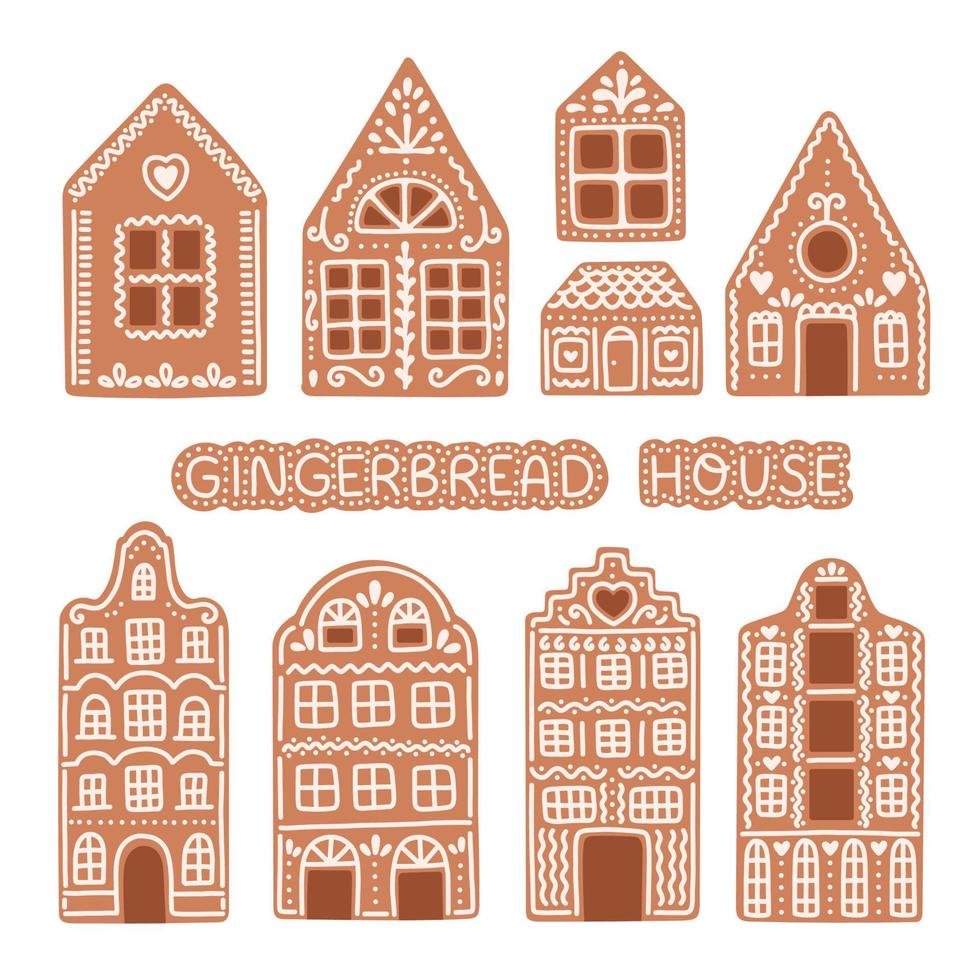 Set of isolated gingerbread houses. Traditional Christmas cookies. Vector flat illustration