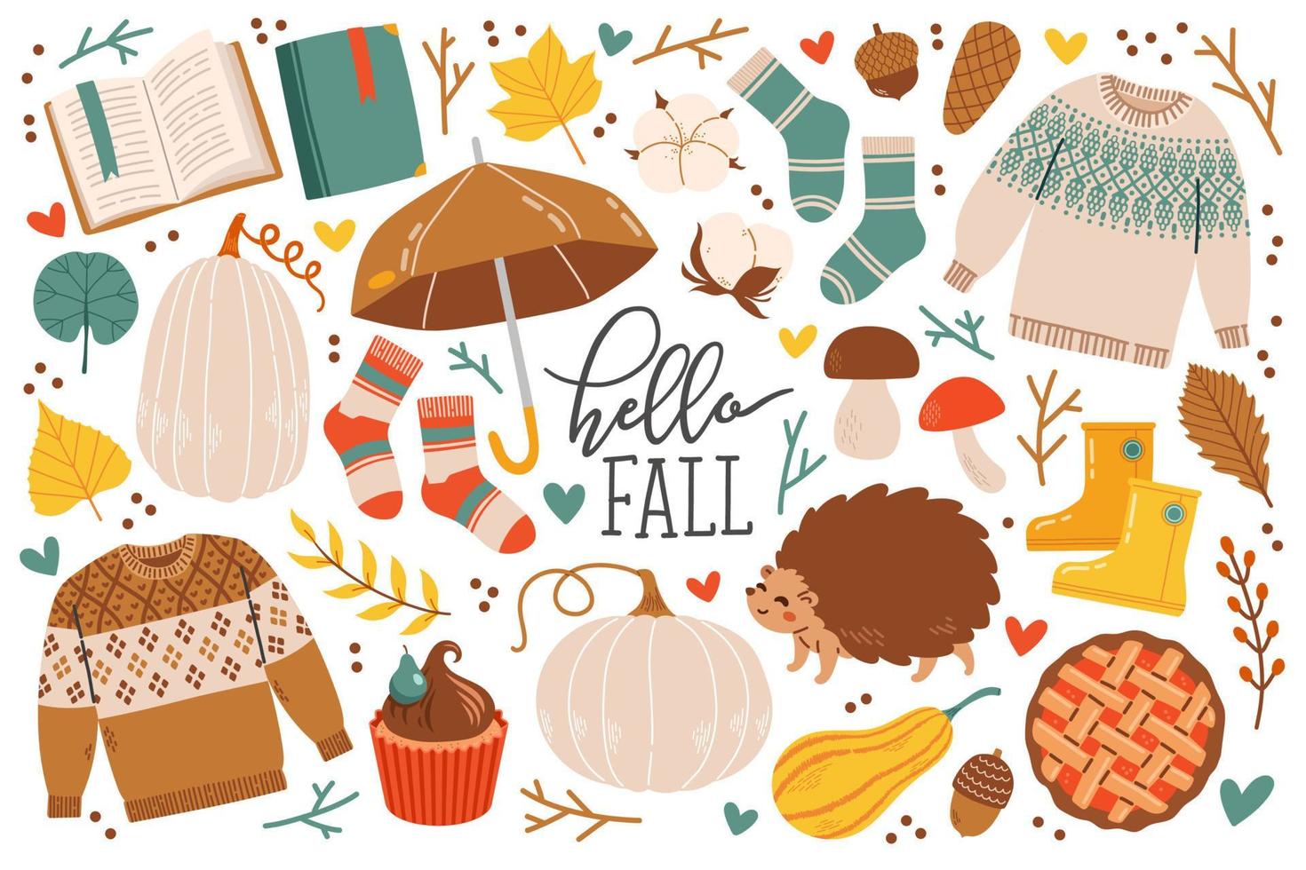 Autumn icons set falling leaves, pumpkins, sweater, cute animals, socks, floral wreath. Fall season elements perfect for scrapbook, card, poster, invitation, sticker kit. Vector illustration.