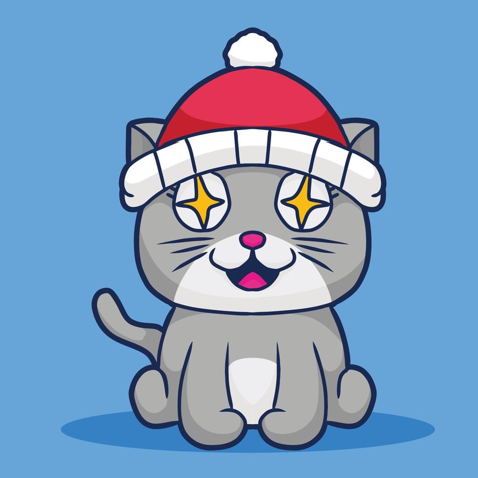 Gray kitten sitting wearing a santa hat. Cute pet in cartoon style. Vector illustration.