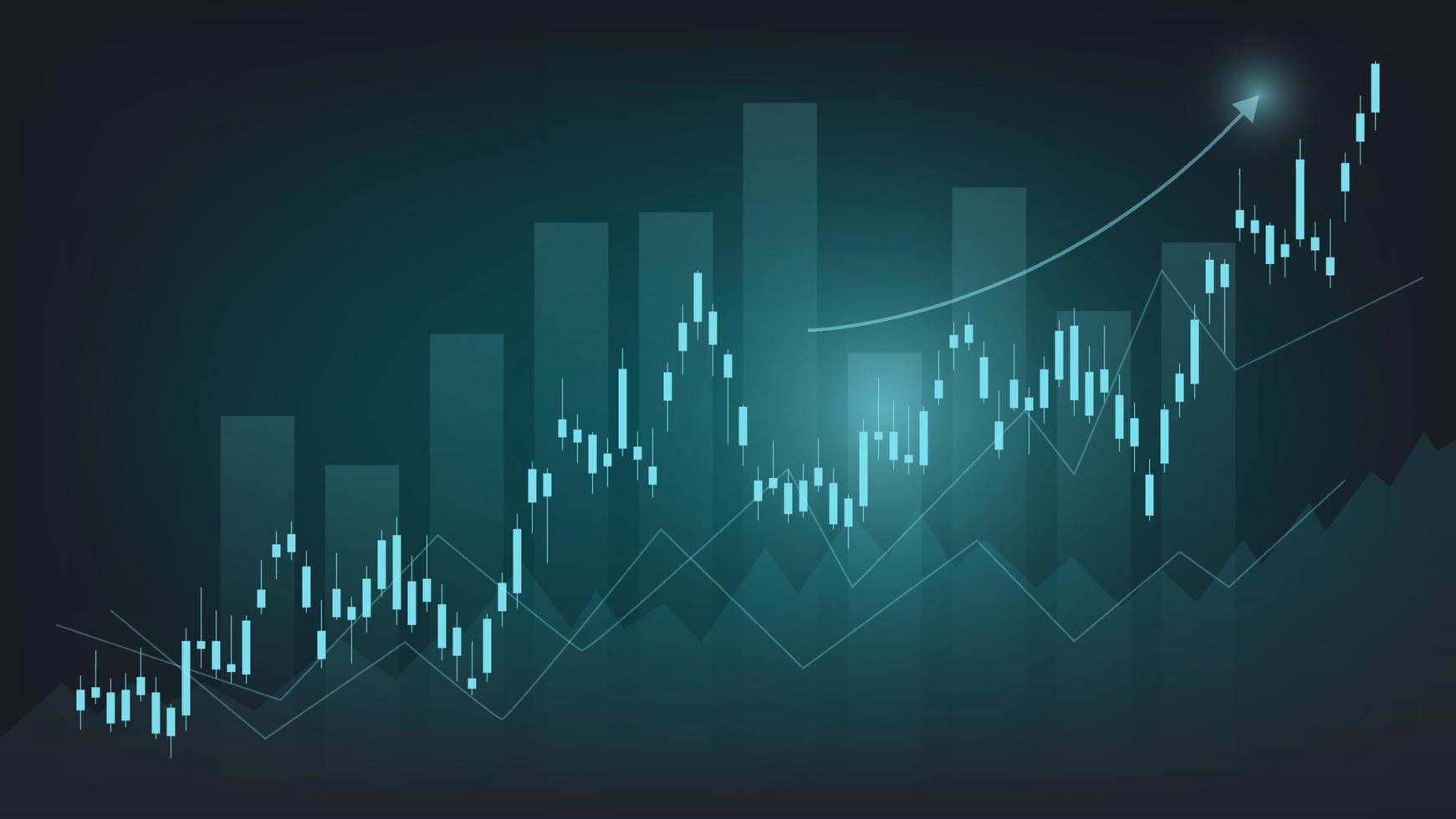 Financial business statistics with bar graph and candlestick chart show stock market price and currency exchange on dark green background vector