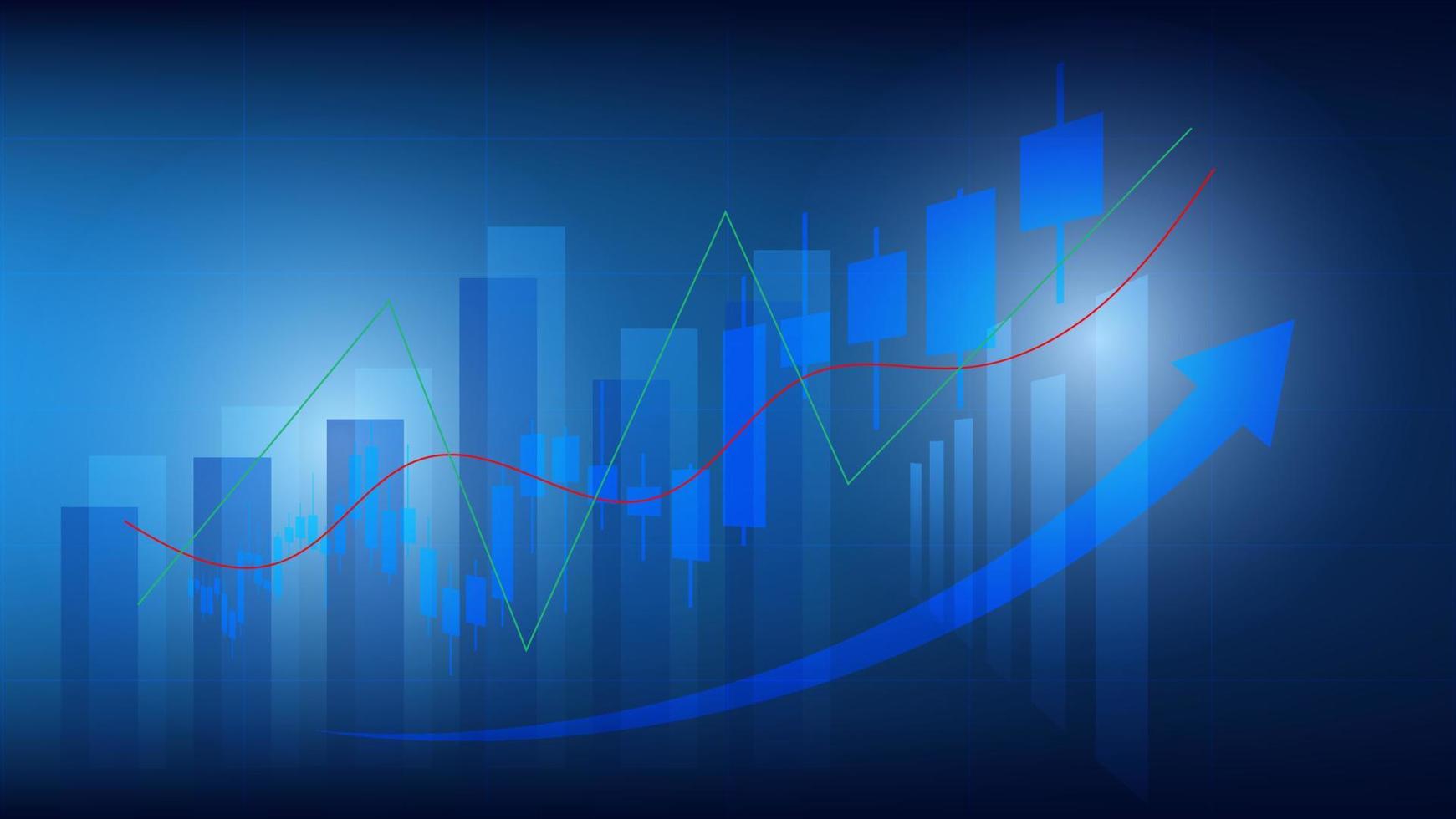 concepto de situación económica. las estadísticas de negocios financieros con gráfico de barras y gráfico de velas muestran el precio del mercado de valores y el cambio de divisas en el fondo azul vector