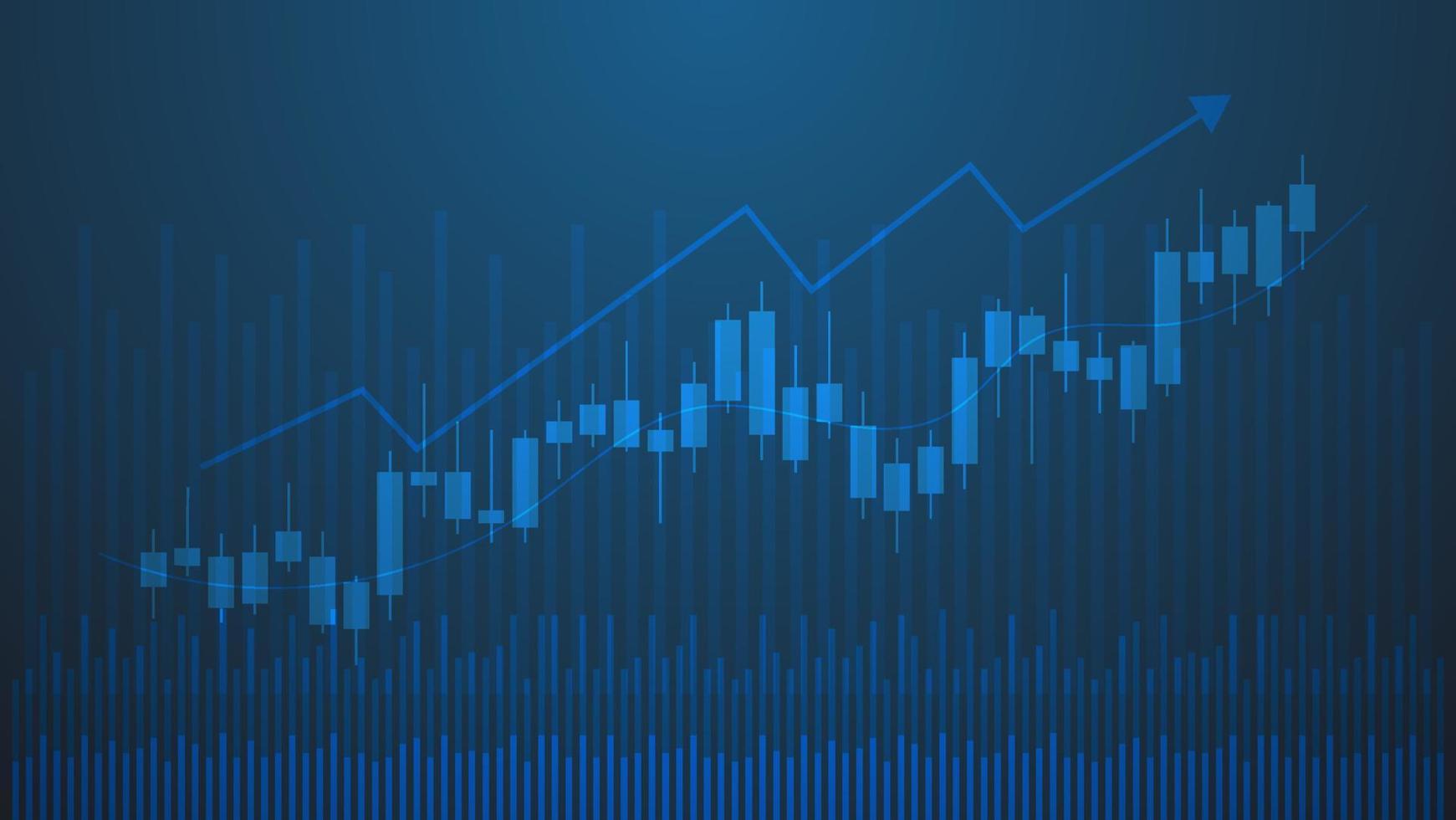 concepto de gráfico de negociación del mercado de valores y criptomonedas. gráfico de barras con indicador de volumen que muestra dinero digital o estadísticas financieras y gestión de ingresos comerciales sobre fondo azul vector