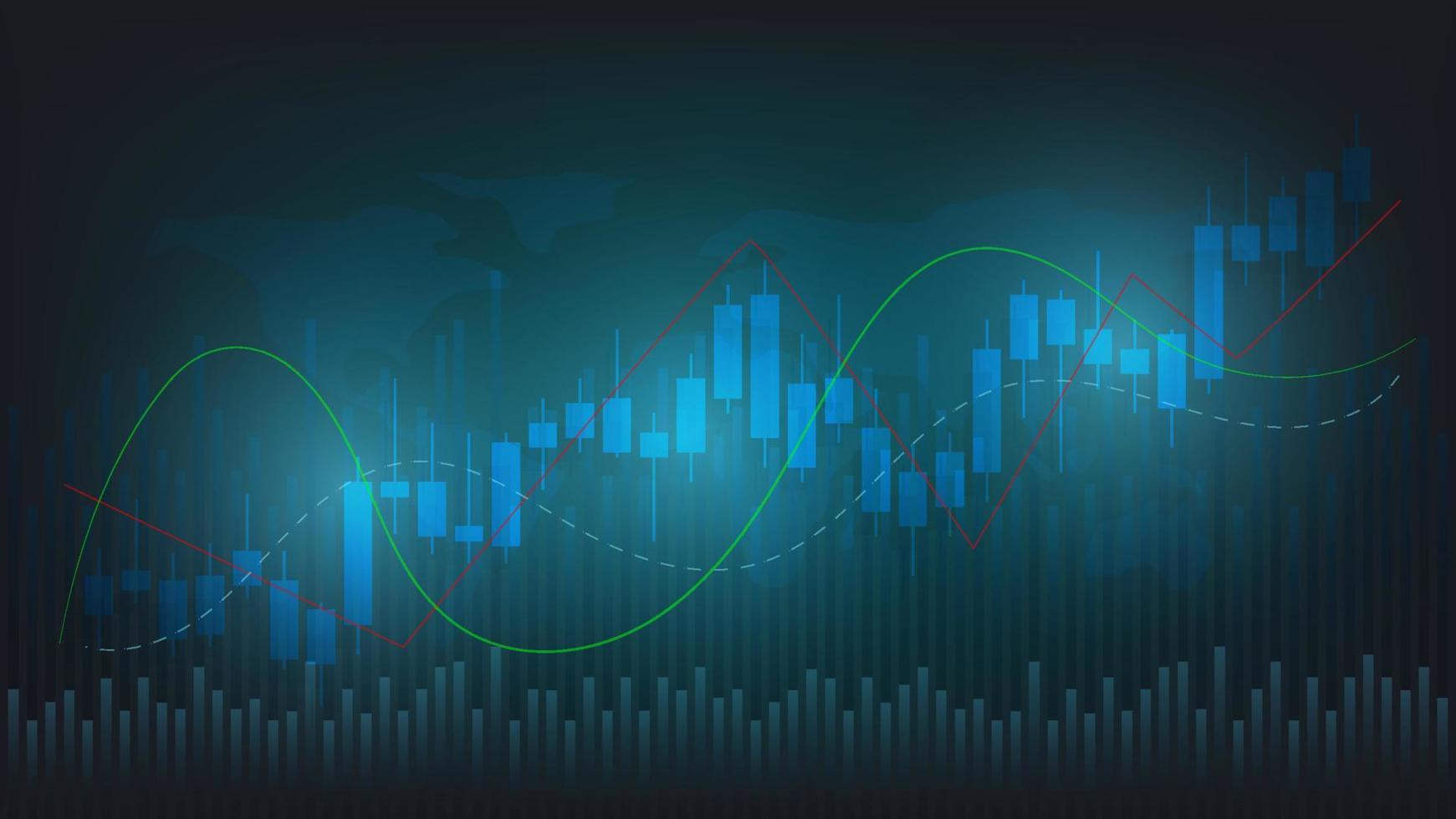 las estadísticas de negocios financieros con gráfico de barras y gráfico de velas muestran el precio del mercado de valores y el cambio de divisas en un fondo verde oscuro vector