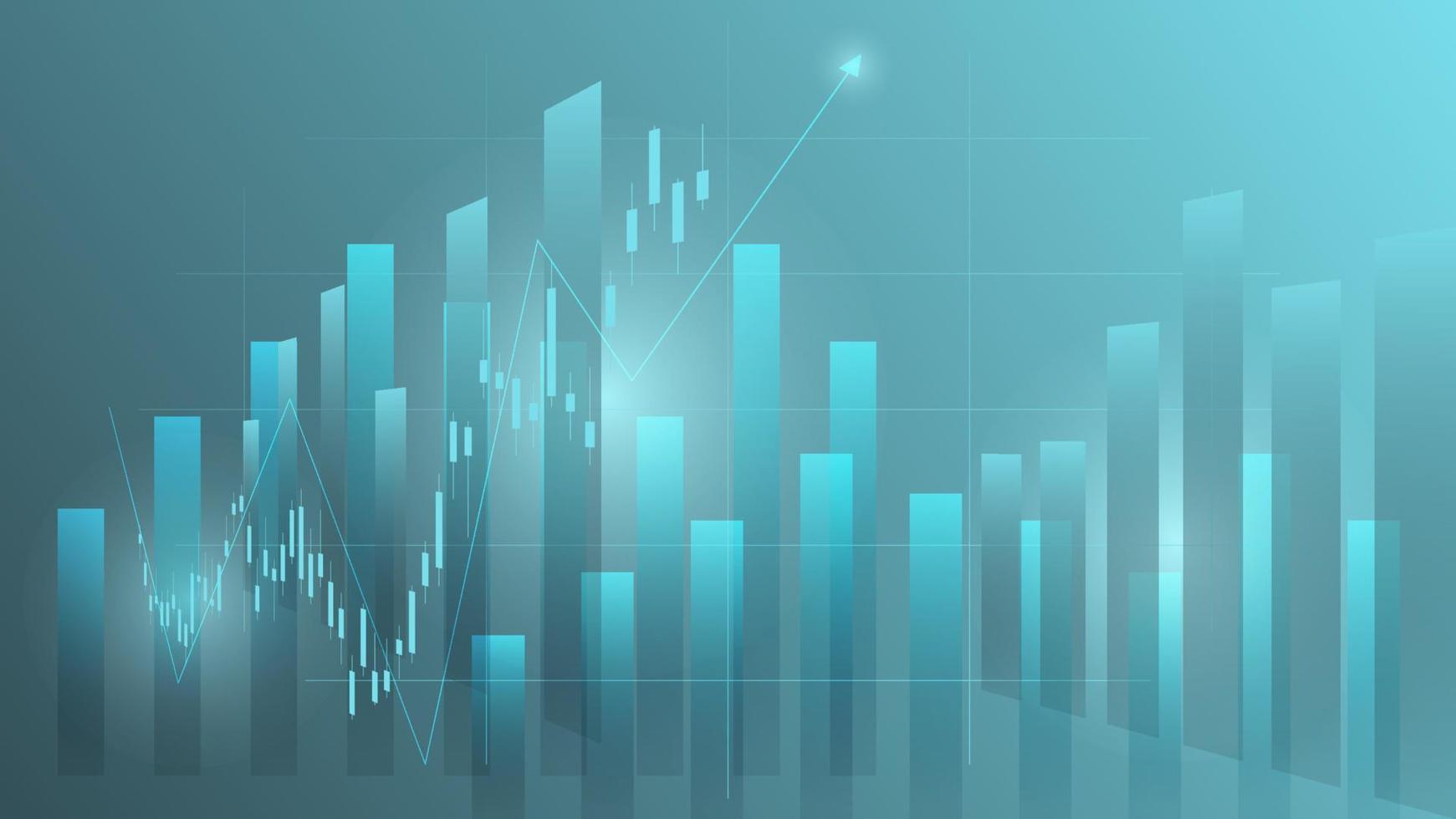 concepto de situación económica. las estadísticas de negocios financieros con gráfico de barras y gráfico de velas muestran el precio del mercado de valores y el cambio de divisas en el fondo verde vector