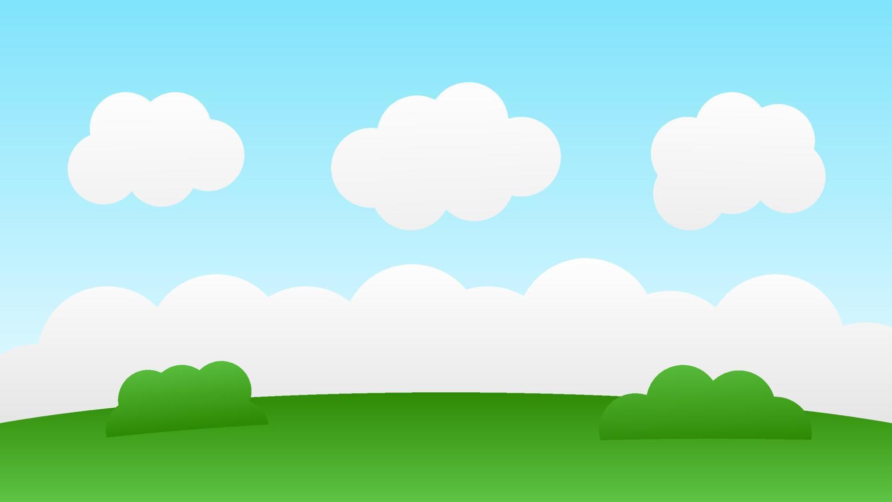 landscape cartoon scene with green trees on hills and white fluffy cloud in summer blue sky background vector