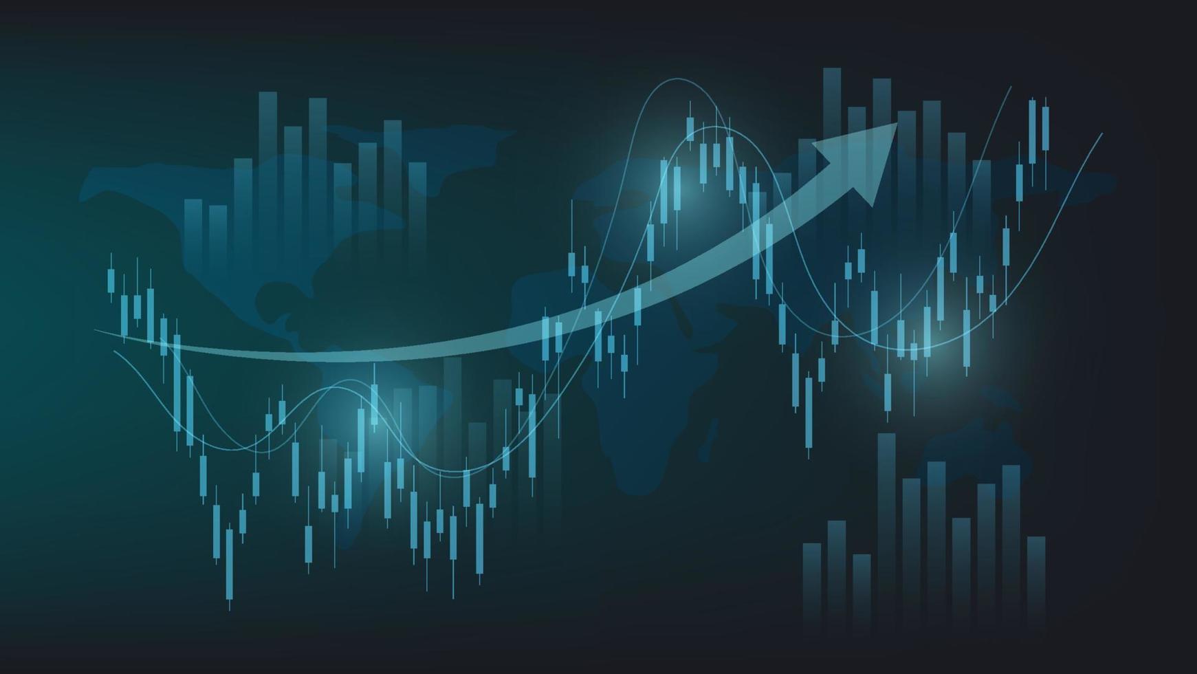 las estadísticas de negocios financieros con gráfico de barras y gráfico de velas muestran el precio del mercado de valores y el cambio de divisas en un fondo verde oscuro vector