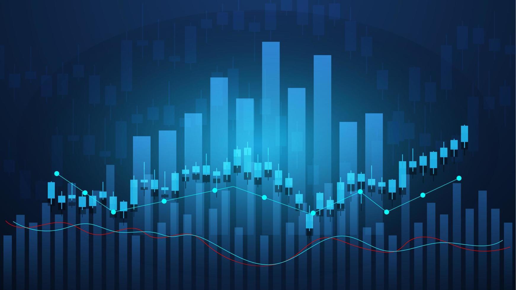 economy situation concept. Financial business statistics with bar graph and candlestick chart show stock market price and currency exchange on blue background vector