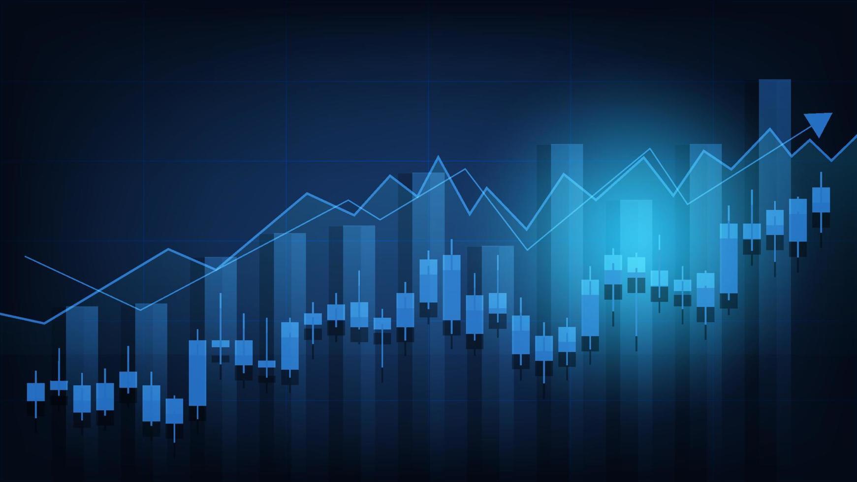 economy situation concept. Financial business statistics with bar graph and candlestick chart show stock market price and currency exchange on blue background vector