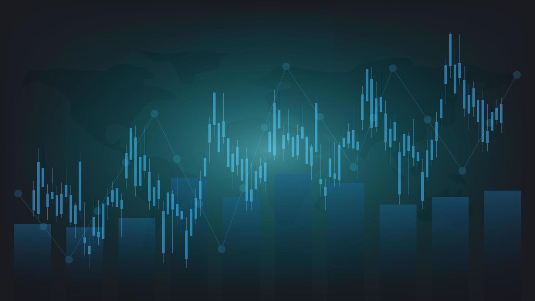 las estadísticas de negocios financieros con gráfico de barras y gráfico de velas muestran el precio del mercado de valores y el cambio de divisas en un fondo verde oscuro vector