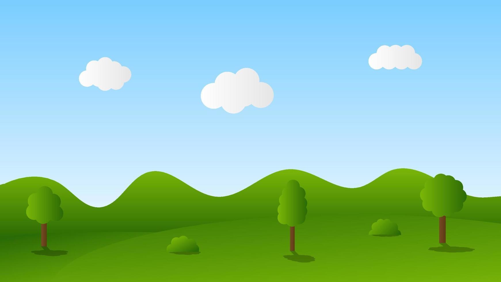 landscape cartoon scene with green trees on hills and white fluffy cloud in summer blue sky background vector